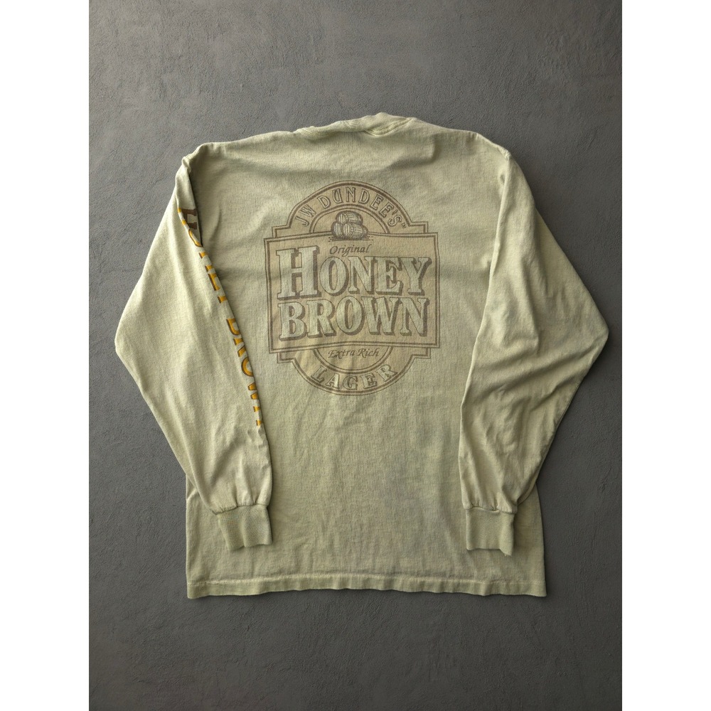 Oneita Honey Brown Lager t-shirt Men Large Tan Long Sleeve Beer Promo 90s